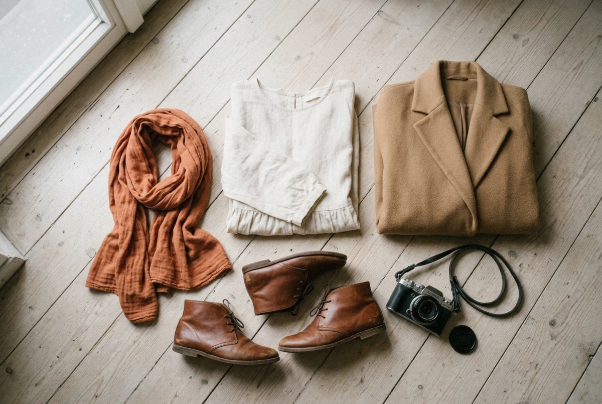 A flat lay of cream linen, a camel coat, a terracotta scarf and flat leather boots, an outfit planned for what to wear for a photoshoot in Prague